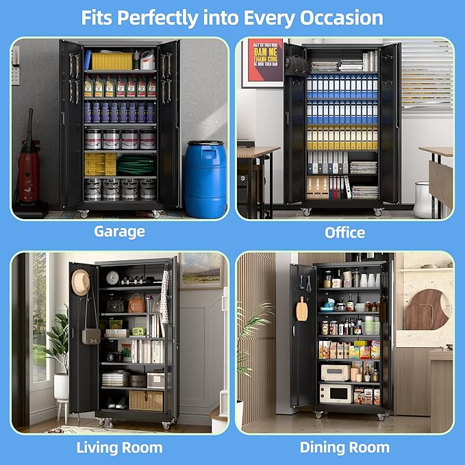 Aobabo Upgrade 71H''*34''W*18''D Metal Garage Storage Cabinet with Wheels and Pegboards, 5 Adjustable Shelves Steel Storage Cabinets for Home,Warehouse,Garage,Assembly Required,Black