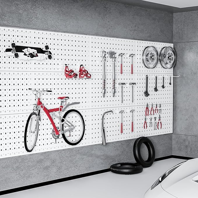 Peg Board, 4 Pack Metal Pegboard Panels Pegboards Wall Organizer with 24Pcs Hooks, Peg Board for Walls Garage Tool Storage Office Organization Kitchen Craft Room (White, 4PCS with 24 Hooks)