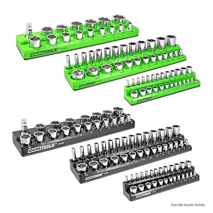 OEMTOOLS 22488 6 Pack Set Metric and SAE Magnetic Socket Tray Set, Black and Green Socket Organizers, 1/4, 3/8, 1/2 Inch Drive Socket Organizer Tray Set