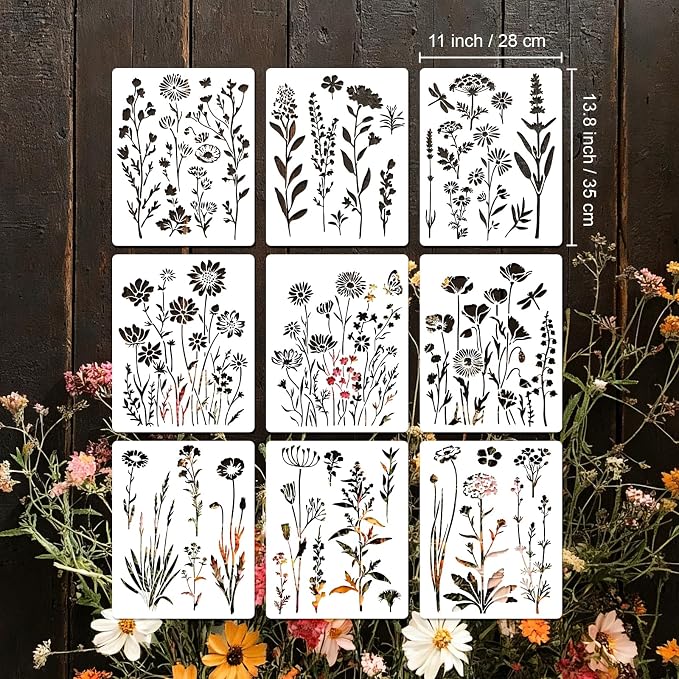 9pcs Flower Stencils for Painting Plant Patterns Drawing Stencils for Crafts - Image 2