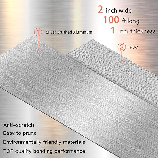 GSCIT Club Silver Edge Banding, 2 Inch x 100ft Aluminum Brushed Edge Banding PVC Edge Trim for Cabinet Repair Furniture