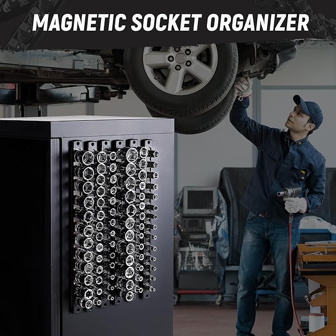 ALOANES Magnetic Socket Organizer, 3/8-Inch Drive Aluminum Socket Holder Socket Tray, Heavy Duty Socket Rail Organizer for Tool Box Drawer, 360°Swivel Clips Socket Rack 3/8-Inch x 14 Clips (Black)