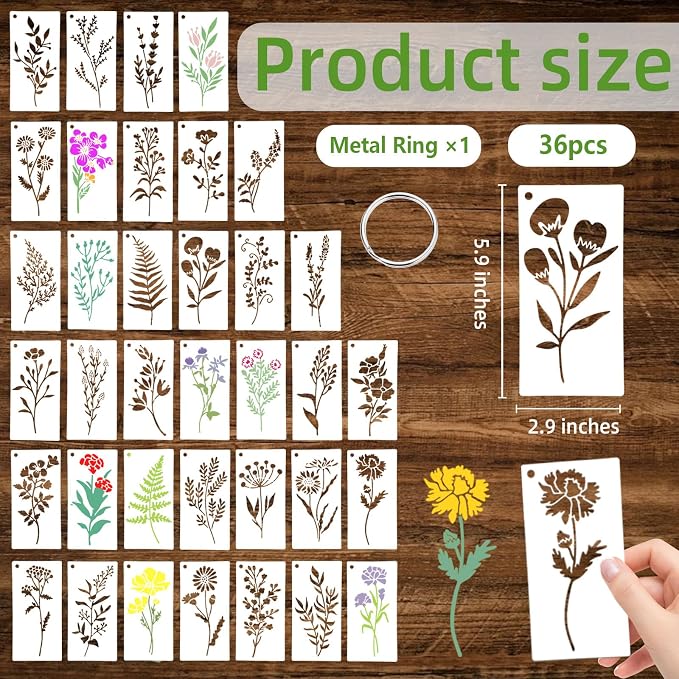 36 PCS Flower Stencils for Painting on Wood, 6x3 Inch Reusable Wildflower - Image 3