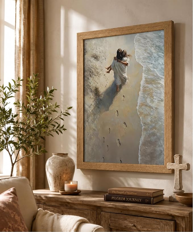 Framed Jesus Holding Woman Canvas Print Footprints in The Sand Wall Art Wood - Image 2