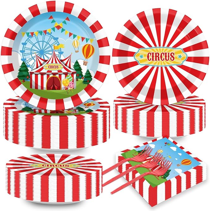200pcs Circus Party Plates Napkins Forks Carnival Themed Party Tableware Set by Naozinebi
