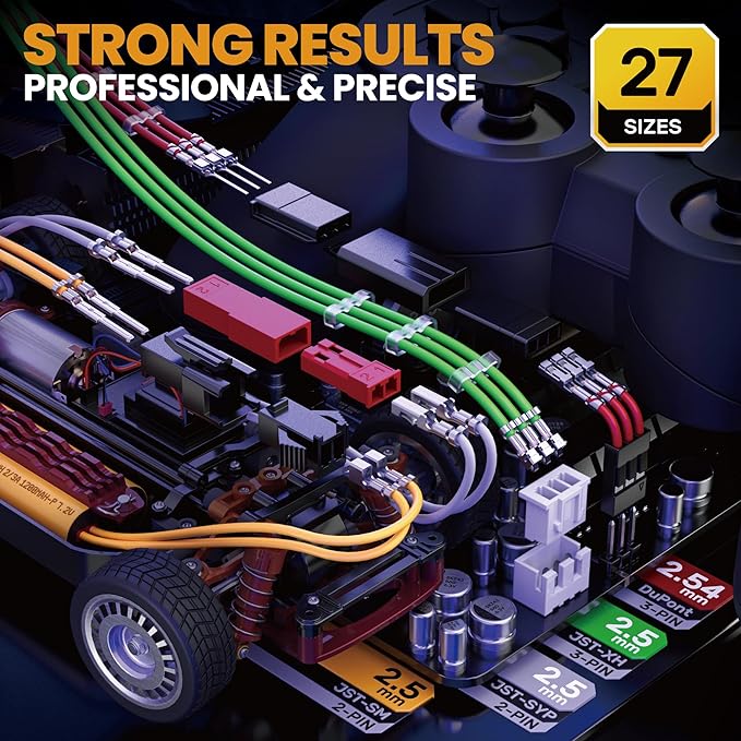 SOMELINE Crimp Tool Connector Kit, JST-XH/SM/SYP 2.5mm and Du pont 2.54mm Connector Set, 27 Types of Connectors, 30-20 AWG Ratcheting Crimper for JST Series,KF2510,Molex,AMP EI Series