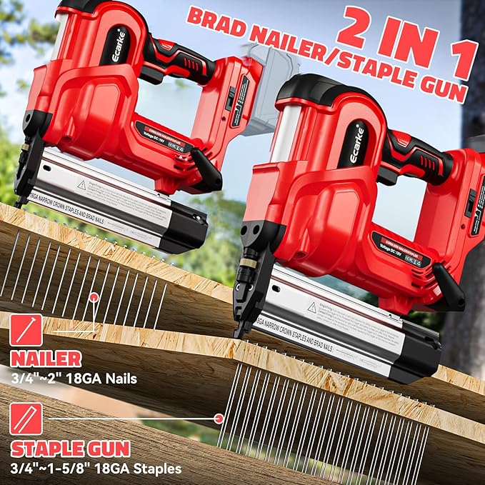 Ecarke 18 Gauge Electric Nail Gun Compatible with Milwaukee Battery,2 in 1 Cordless Brad Nailer and Stapler with 18GA Nails/Staples,Battery for M18 18V Power,2 Firing Modes for Trim Wood Crafting DIY