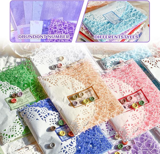 156Sheets Textured Scrapbook Paper & Mesh Fabric Assorted Set+30 Buttons - Image 6