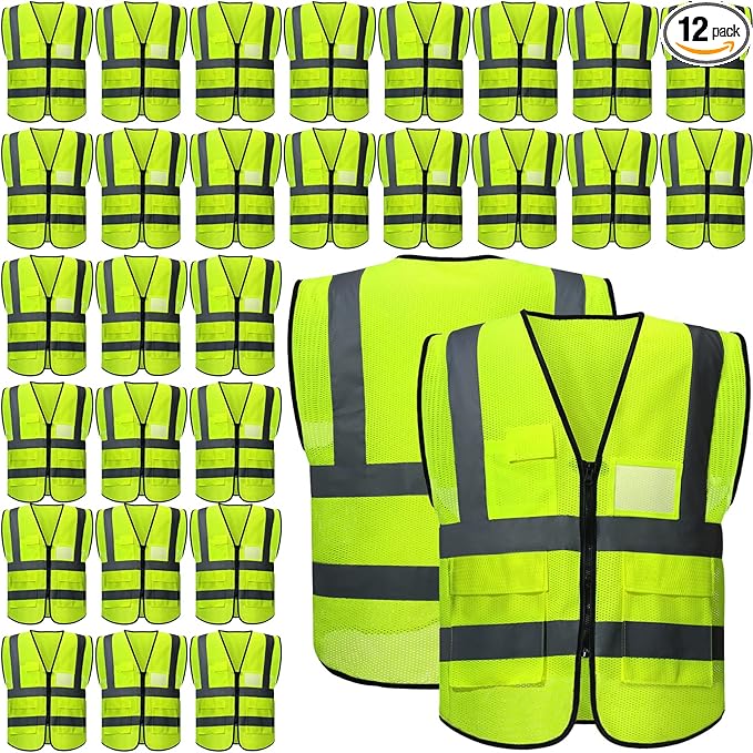 JaGely 12 Pack Reflective Safety Vests with Pockets, High Visibility Mesh Construction Vest for Men Women, Neon Yellow, Size L