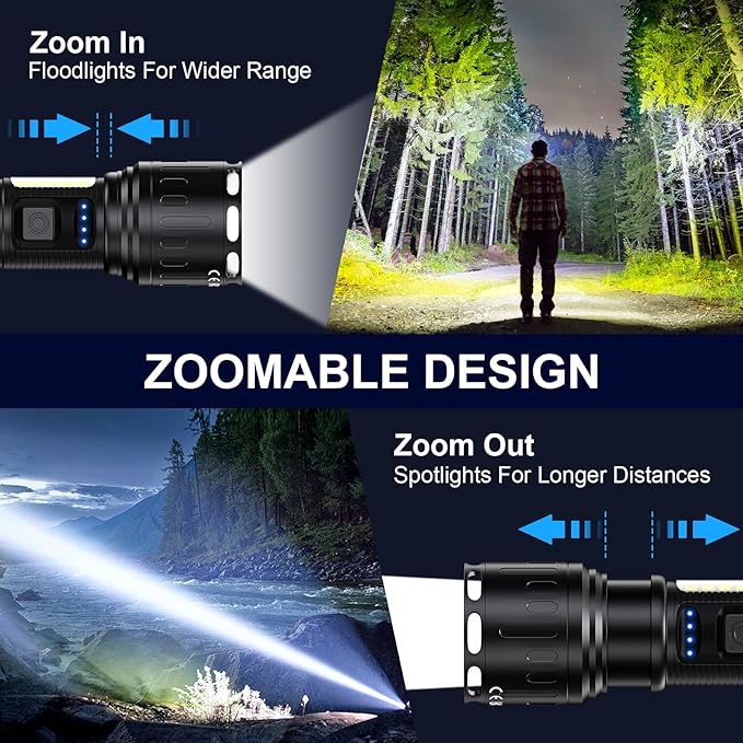Rechargeable Magnetic Flashlights High Lumens, Super Bright LED Powerful Flashlight 8 Modes with COB Work Light, Waterproof Handheld Flash Light for Camping (2 Pc with Leather Box, Black)