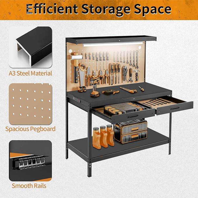 Work Bench, Work Benches for Garage, Work Table, A3 Steel 600LBS Capacity Workbench for Garage Tool Storage Workshop Basement, Tool Table Bench