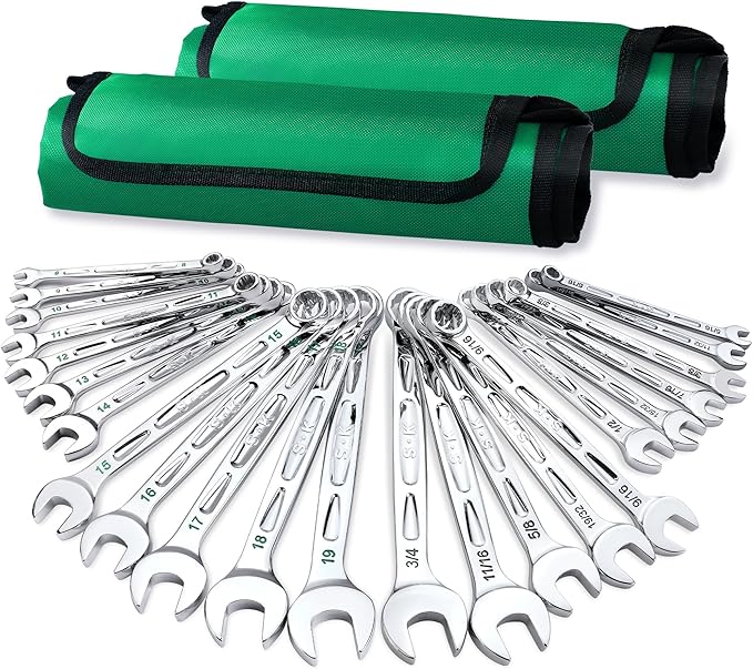 SK Combination Wrench Set, SAE 5/16" to 3/4", Metric 8 to 19mm, 23-Piece, SuperKrome Finish, Premium CR-V Construction, with Rolling Pouch