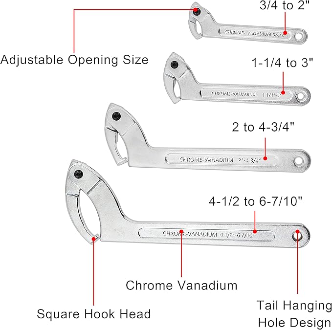 Wadoy Spanner Wrench Set Adjustable C Pin Spanner Hook Wrench Chrome Vanadium 4 Pcs Include 3/4-2", 1 1/4-3", 2-4 3/4", 4 1/2-6 7/10" for Vehicles Mechanical Equipments Tighten Lock Nuts and Bearings