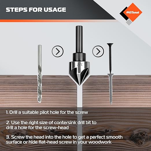 Countersink Drill Bit Set, Countersink Bit, HSS4241 Counter Sink, 82 Degree Countersink 1/4'' 3/8'' 1/2'' 5/8'' 3/4'', 5 Flute Pcs for Wood, Plywood, Plastic, Mild Steel with Aluminum Case