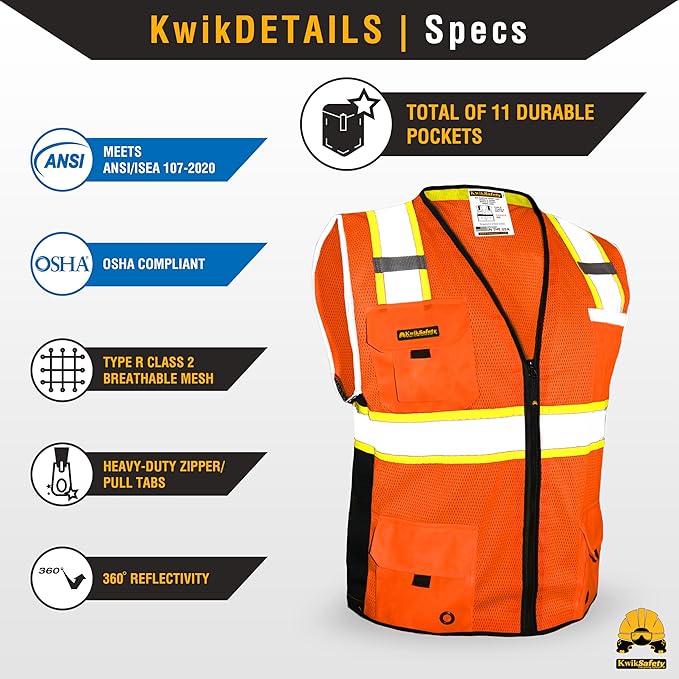 KwikSafety - Charlotte, NC - BIG KAHUNA Safety Vest [2 PACK] Class 2 ANSI OSHA Reflective Vest Durable High Visibility Vest Construction Safety Vest for Men Industrial Work Gear/Orange 2XL