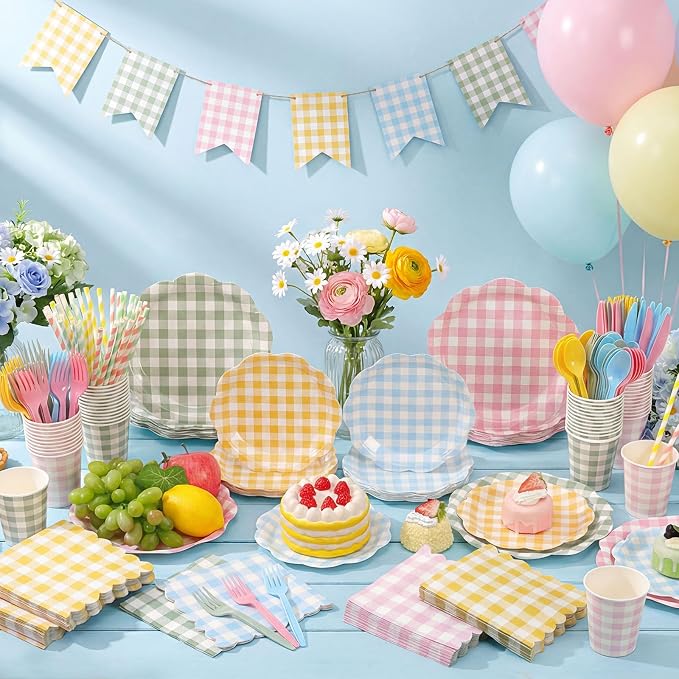 450 Pcs Gingham Tableware Set Decorations Pastel Plaid Paper Plates Napkins - Image 6