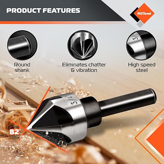 Countersink Drill Bit Set, Countersink Bit, HSS4241 Counter Sink, 82 Degree Countersink 1/4'' 3/8'' 1/2'' 5/8'' 3/4'', 5 Flute Pcs for Wood, Plywood, Plastic, Mild Steel with Aluminum Case