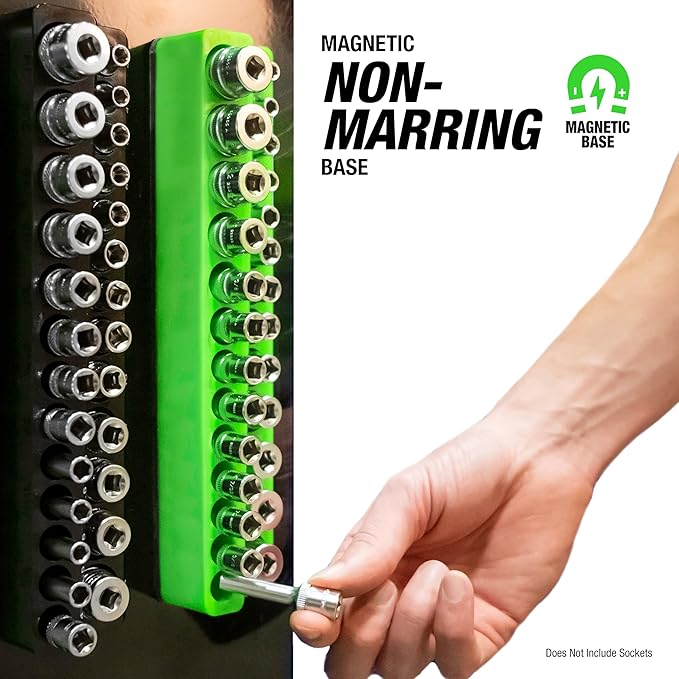 OEMTOOLS 22488 6 Pack Set Metric and SAE Magnetic Socket Tray Set, Black and Green Socket Organizers, 1/4, 3/8, 1/2 Inch Drive Socket Organizer Tray Set
