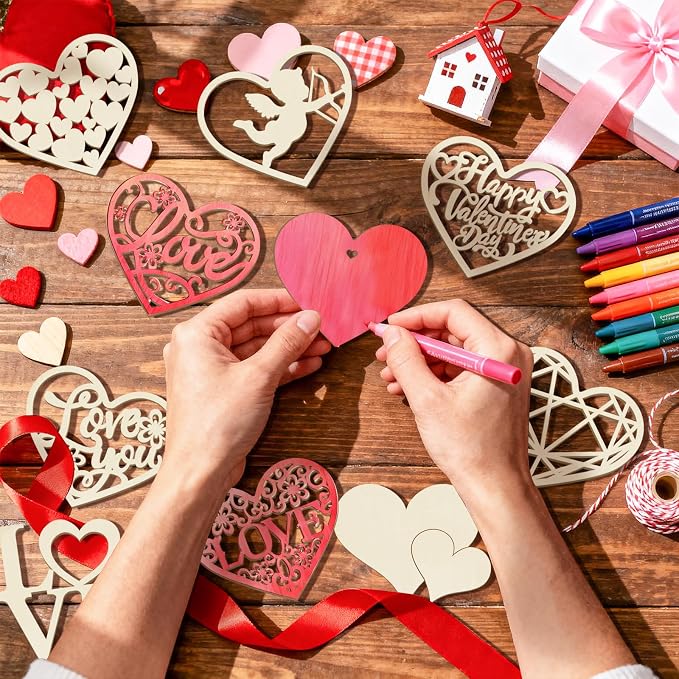 80PCS Wooden Heart Ornaments to Paint Valentine's Day Craft, 10 Styles DIY - Image 2
