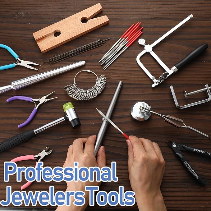 Chumia Jewelers Tools Set Including Jeweler's Saw Frame 144 Blades Third Hand Tweezers Wooden Pin Clamp Multipurpose Needle File Wooden Ring Clamp Ring Sizer Mandrel Measuring Tool Mallet Hammer