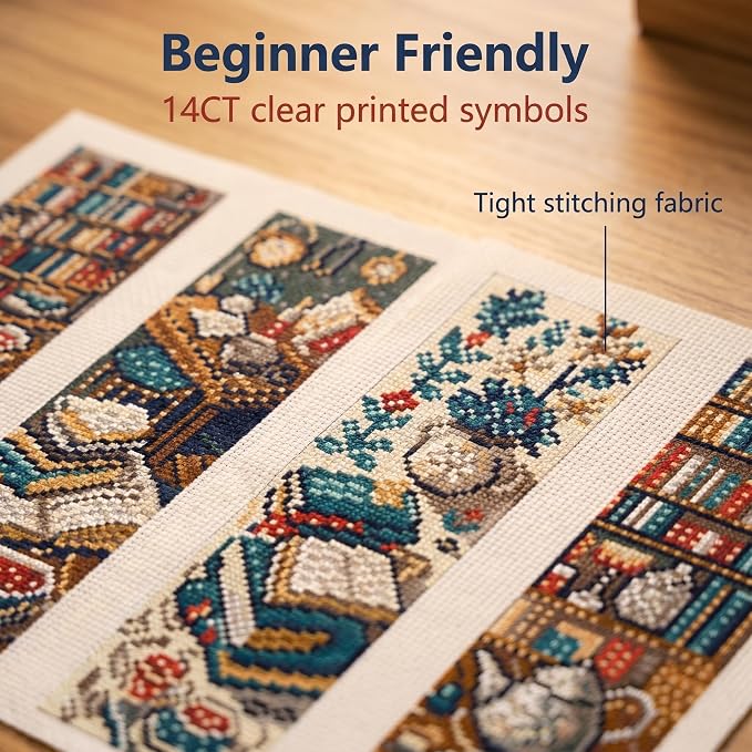 4PC Blue Bookshelf Counted Cross Stitch Bookmark Kit - Image 3