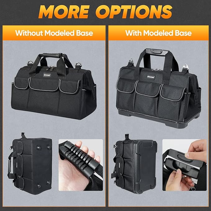 TICONN Heavy Duty Tool Bag with Multi-Pockets, Portable Tool Box Organizer Storage Bag, with Adjustable Shoulder Strap and Ergonomic Handle (Black, 14" Molded Base)