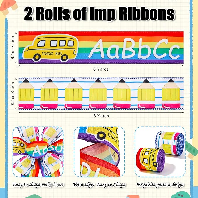 2 Rolls Back to School Wired Edge Ribbons, 12 Yards Apple Pencil Stripe - Image 2