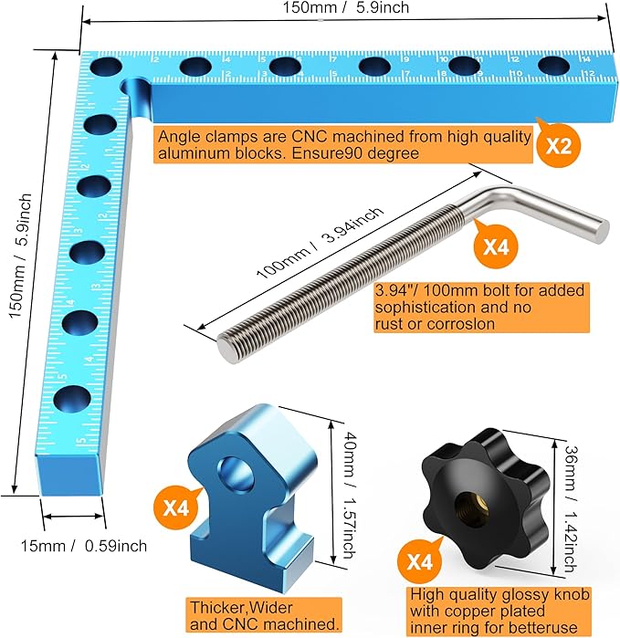 90 Degrees Positioning Squares, Right Angle Squares with 4 Clamps, Aluminium Alloy L-Type Corner Clamp Woodworking Clamping Tool for Picture Frames, Boxes, Cabinets (5.9in)