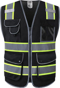 JKSafety 9 Pockets High Visibility Zipper Front MESH Black Safety Vest | Black with Dual Tone High Reflective Strips | ANSI/ISEA Standards (100-Black, XXL)