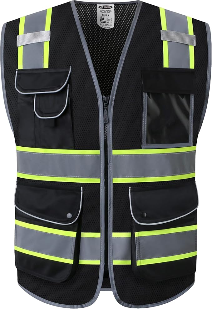 JKSafety 9 Pockets High Visibility Zipper Front MESH Black Safety Vest | Black with Dual Tone High Reflective Strips | ANSI/ISEA Standards (100-Black, XXL)