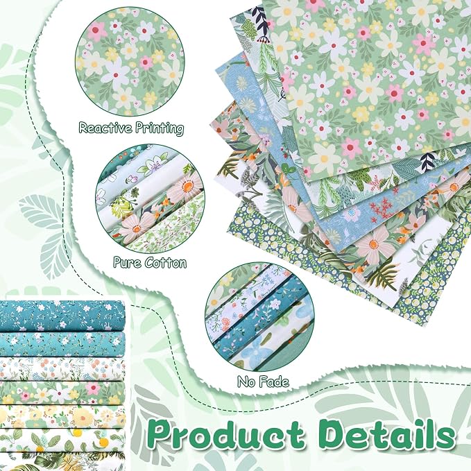 70 Pcs 10 x 10 Inch Green Floral Cotton Fabric Squares, Precut Printed - Image 3