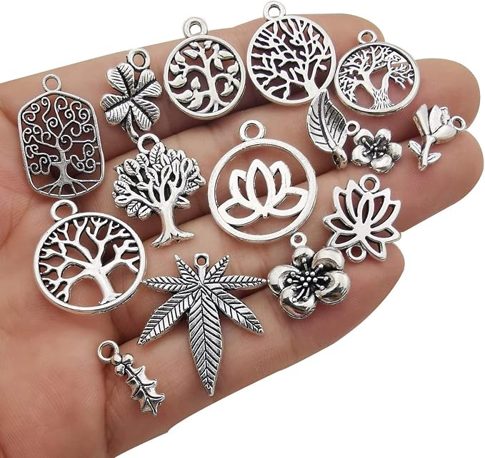 Youdiyla 100pcs Mix Silver Tree Flower Charms Collection, Bulk Mini Small - Image 4
