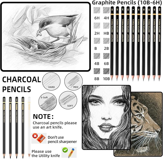 Charcoal & Graphite Drawing Pencils, 6H-10B Sketch Set, 22 Pack | Graphite - Image 4