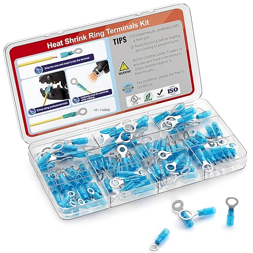 AIRIC 16-14 AWG Heat Shrink Ring Terminals Kit #10, 1/4", 5/16", 3/8", Copper Terminal Connector Ends, Battery Cable Lugs, Blue Electrical Crimp Connectors, Wire Lug for 16, 14 Gauge Wires, 100 PCS