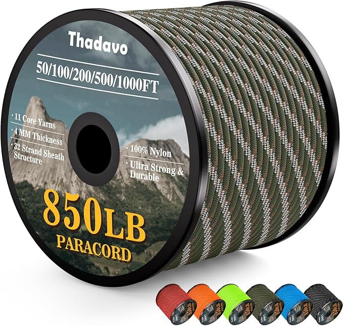 850Ib Reflective Paracord Rope, 50/100/200/500/1000ft 4MM 11 Strand Parachute Cords, Survival Paracord Rope String Tie Down for Crafting, Tent, Camping, Hiking, Fishing, Camo Green 500FT