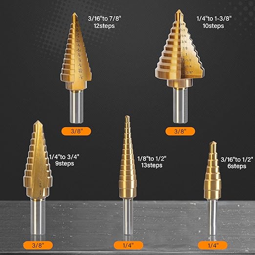 6pcs Step Drill Bit Set, High Speed Steel Unibit Drill Bits 50 Sizes with Automatic Center Punch for Sheet Metal, DIY Lovers with Aluminum Case