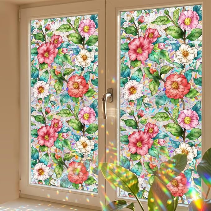 Camellia Window Film Decorative Privacy, Static Cling Stained Glass Film - Image 6