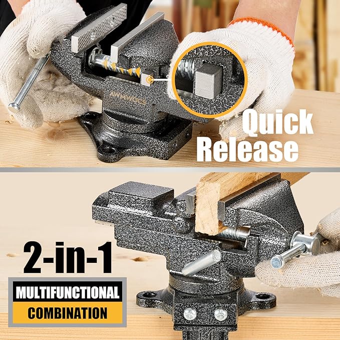 Dual-Purpose Combined Bench Vise, 3.3 Inch Table Vise, Universal Rotate 360° Work Clamp-On Vise,Table Vice With Quick Adjustment for Woodworking, Drilling, Sawing, Metal Working and DIY