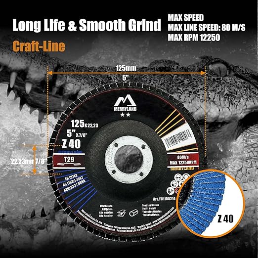 Merryland Flap Disc 5 inch Metal for Angle Grinder, 5inch 40 Grit T29 Flap Wheel 20 Pack, Blue Zirconium Corundum INOX Stainless Steel Iron Universal, Craft-Line FC1108214-20