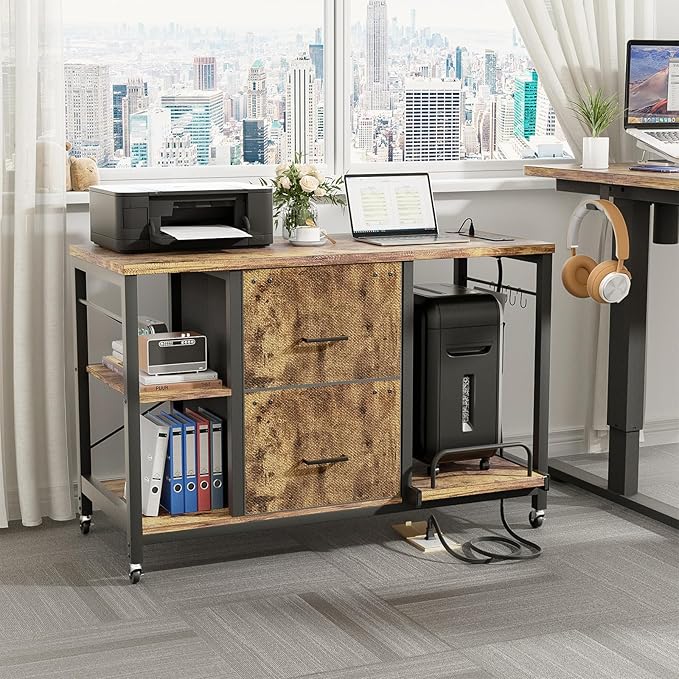 2 Drawer Lateral File Cabinet with Shredder Stand, Rolling Office Filing Cabinets with Outlet and LED Light, Printer Table with Storage, Home Office Cabinet for Letter Legal Size, Rustic