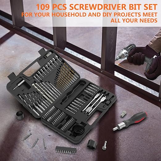 ENERTWIST Drill Bit Set, Drill Bits for Metal, Wood, Masonry-109Pcs Titanium, High Speed Steel Drill Bit Screwdriver Bit Set with Ratchet Screwdriver in Storage Case