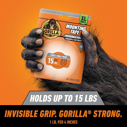 Gorilla Invisible Hold Mounting Tape, Holds up to 15 lbs, Permanent Bond - Image 2