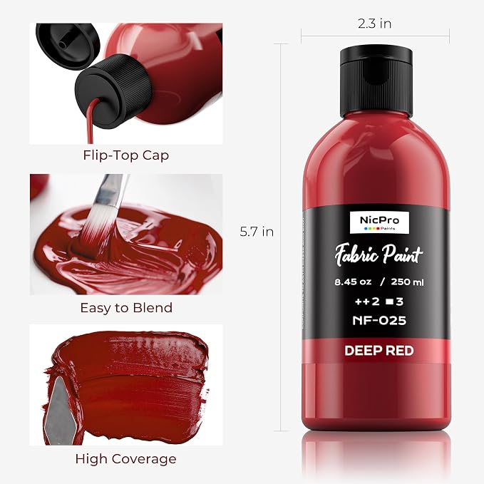 Nicpro Dark Red Fabric Paint, 8.45 oz Fabric Paint - Image 2