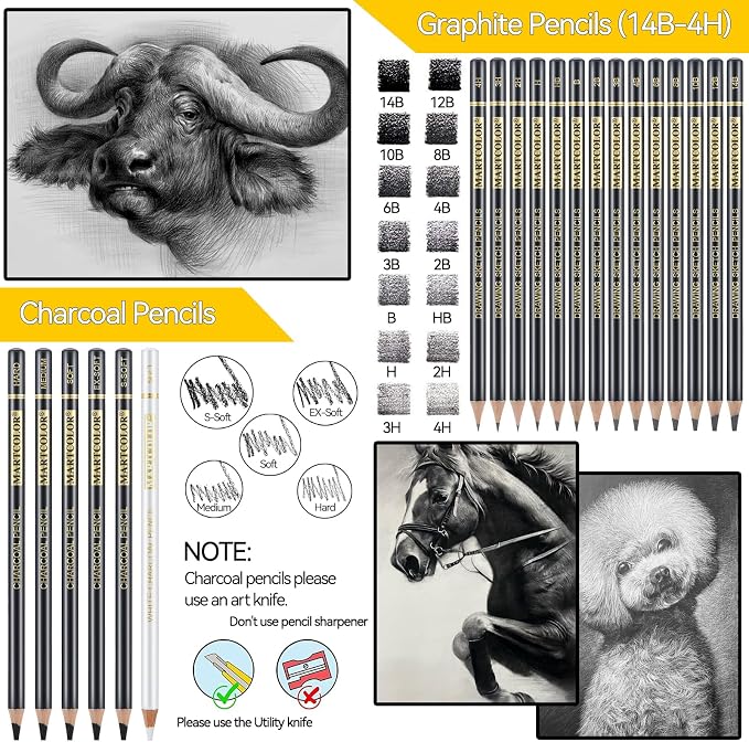 MARTCOLOR 26 Pcs Drawing Sketching Pencil Set, Graphite Pencils | Charcoal - Image 3