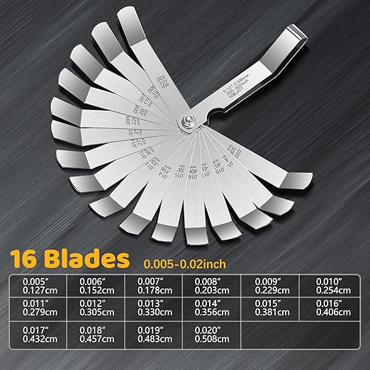 16 Blades Stainless Steel Feeler Gauge, Metric and Imperial Gap Measuring Tool Width and Thickness Feeler Gage Gauge for Spark Plug, Valve Adjustment Tool, 0.127-0.508mm (0.005IN-0.02)