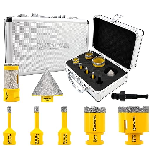 HIGHDRIL Diamond Drill Bits Kit - 6/8/10/35/50mm/25mm Finger Bit+50mm Chamfer Bit+SDS Adapter with 5/8-11 Thread for Porcelain Ceramic Tile Granite Marble Brick