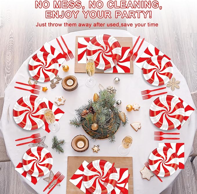 50 Guests Christmas Candy Cane Plates and Napkins Party Supplies Peppermint - Image 6