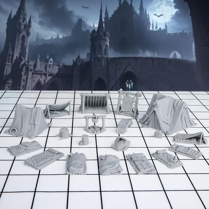 AUSPDICE 21pcs DND Camp Terrain Building Set – Unpainted Miniatures by AUSPDICE