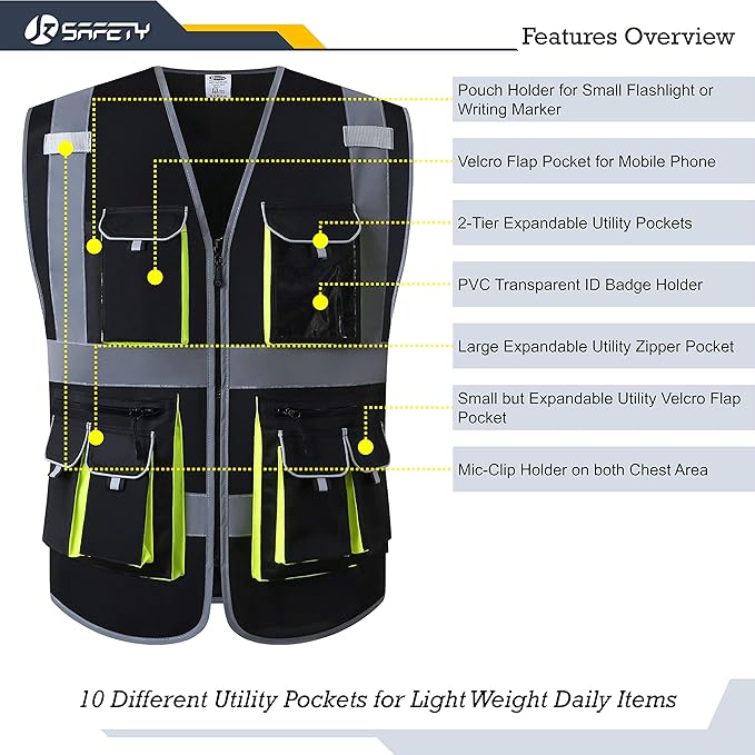 JKSafety 10 Pockets Black Color Safety Vest Zipper Front with High Reflective Strips Meets ANSI/ISEA Standards (88-Black, XX-Large)