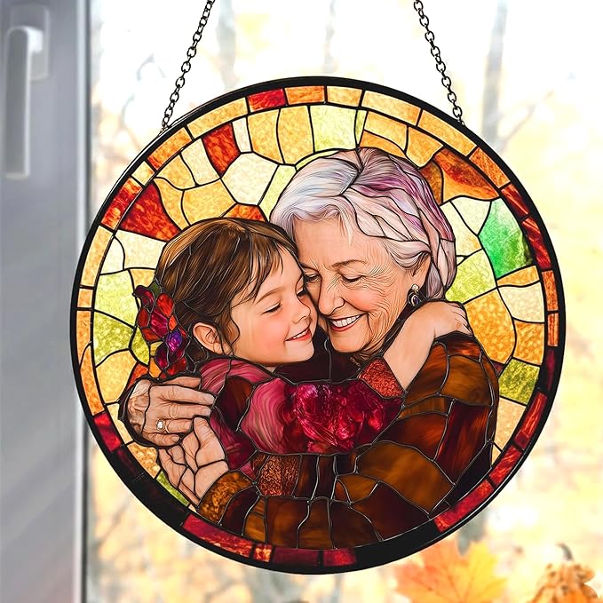 Personalized Grandma Stained Glass Sun Catcher, Custom Photo Family Portrait by Noni